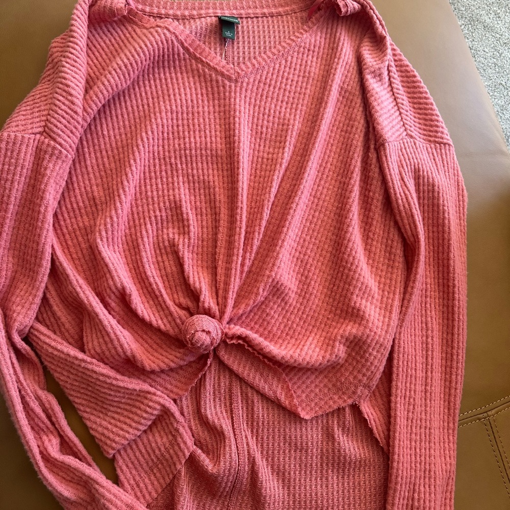 wild fable Pink Waffle Knit Long Sleeve Top with Front Knot